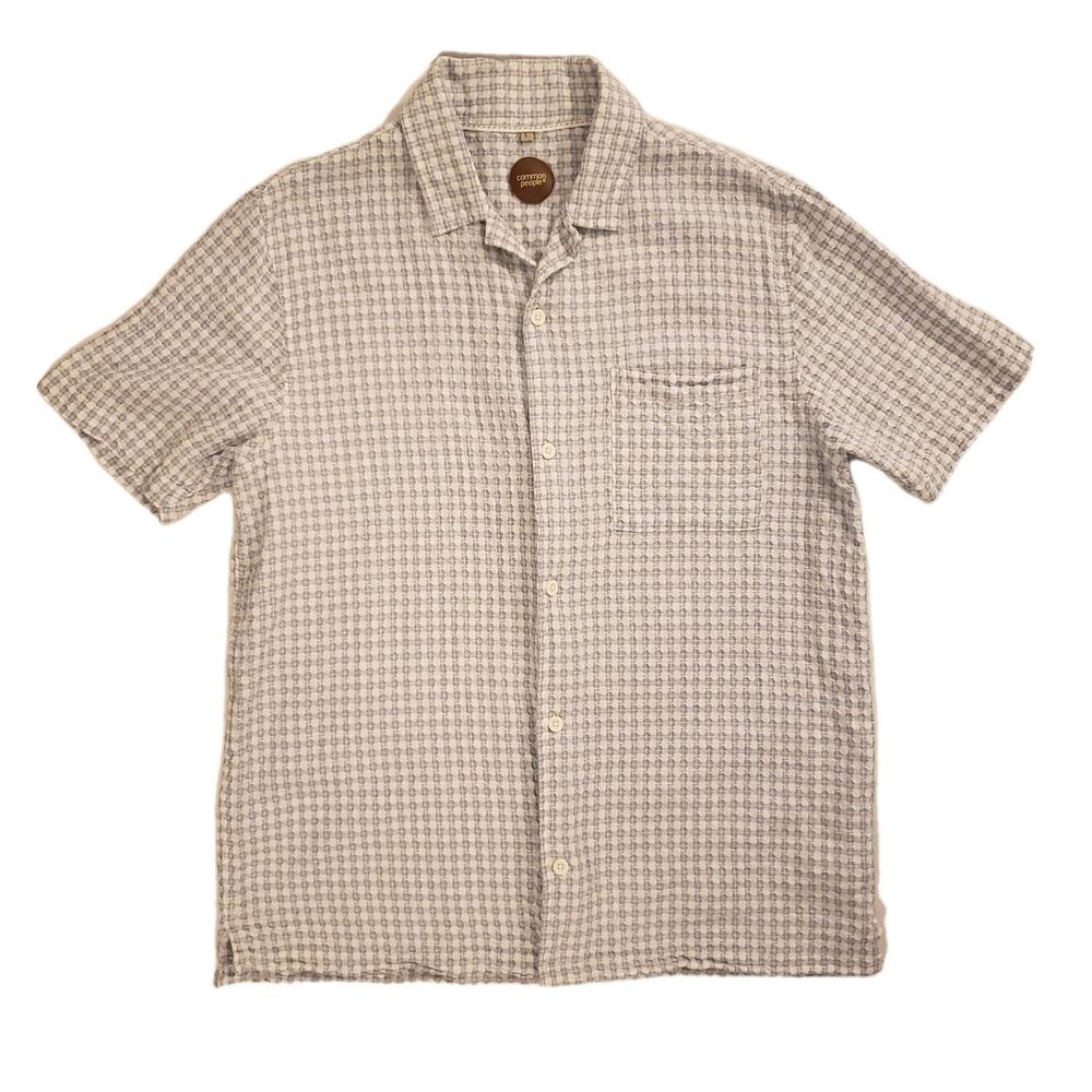 Common‎ People L Button-Down Shirt Textured Soft Short Sleeve Blue White Cotton